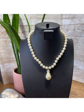 Elegant Knotted Faux Pearl Necklace With Teardrop Pendant & 925 Silver Clasp